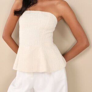 Lulus Sweetened Attitude Cream Tweed Strapless Peplum Top White - Size XS